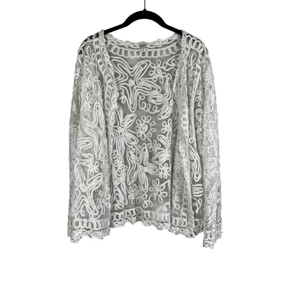 Beaded Floral Mesh Cardigan White XL Neutral Preppy Chic Cottage Classic Retro